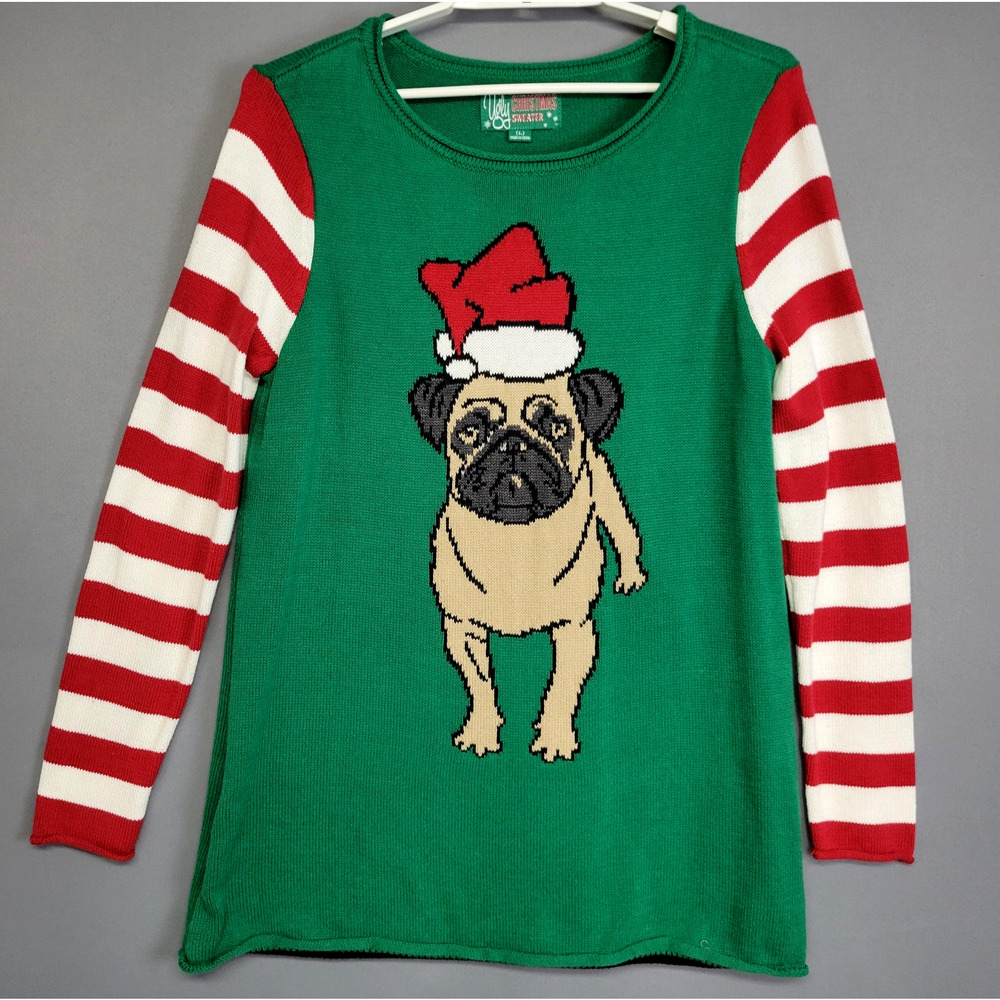 Ugly Christmas Sweater Womens Large‎ Green Pug Santa Hat Striped Sleeves
